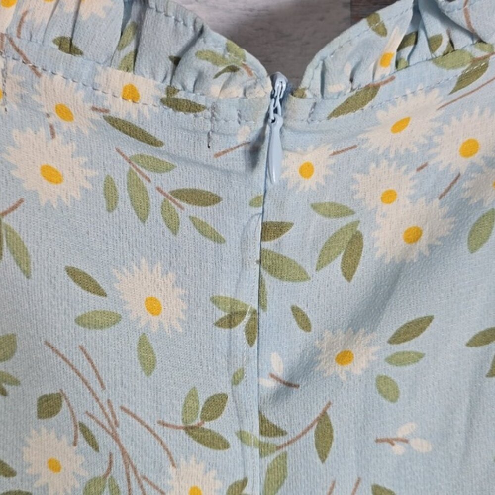 Nasty Gal Blue White Floral Daisies Short Sleeve Lined Sheer Cinch Mini Dress - Picture 8 of 9